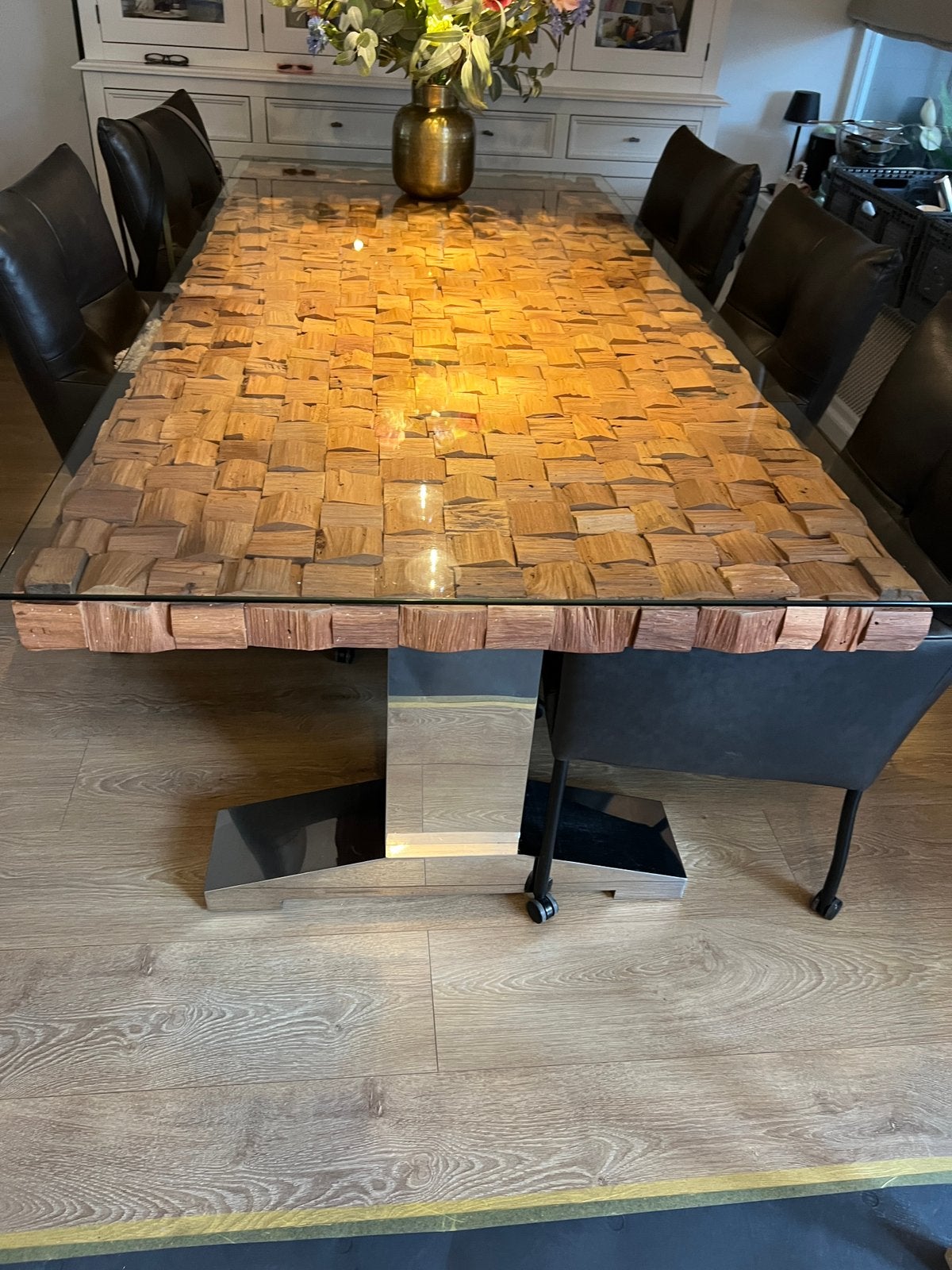 Eettafel hout met glasplaat Rofra, Ophalen, Zo goed als nieuw, 4 tot 6 stoelen