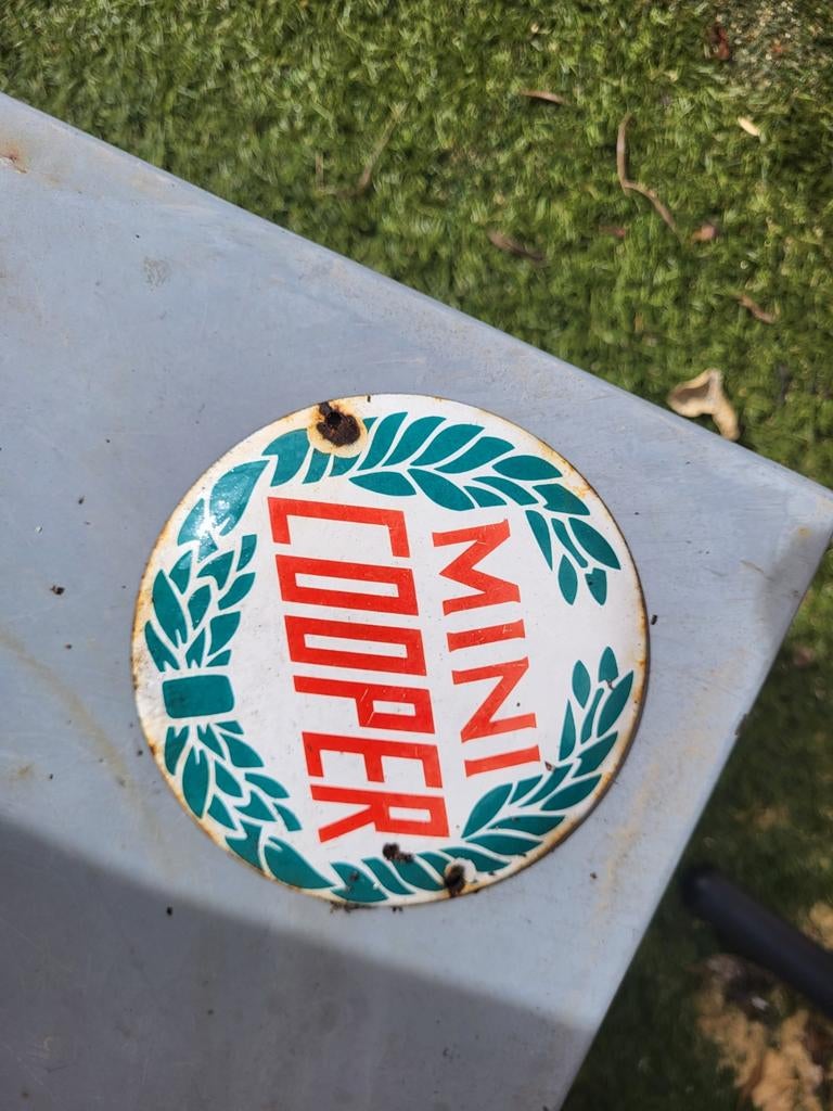 Vintage Mini Cooper emaille bord, Ophalen of Verzenden, Gebruikt, Reclamebord