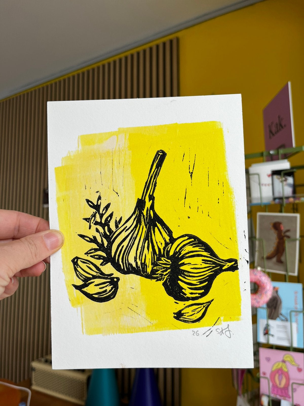 Lino snede afdruk Knoflook / Garlic, Gesigneerd, Ophalen of Verzenden, Dieren en Natuur, Linosnede