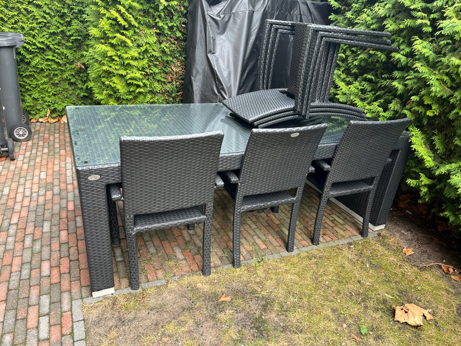 Wicker tuinset met glazen tafel en 6 stoelen, Ophalen, Gebruikt, Eettafel, 6 zitplaatsen