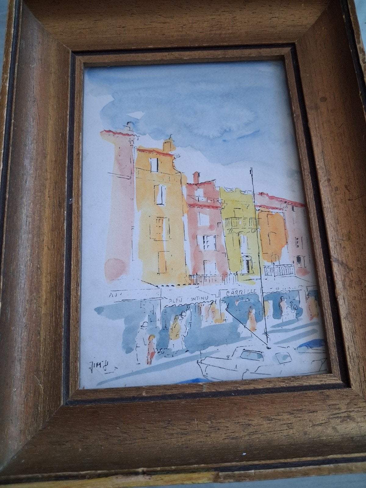 Vintage Aquarel Schilderij: Stadsgezicht aan het Water, Ophalen of Verzenden