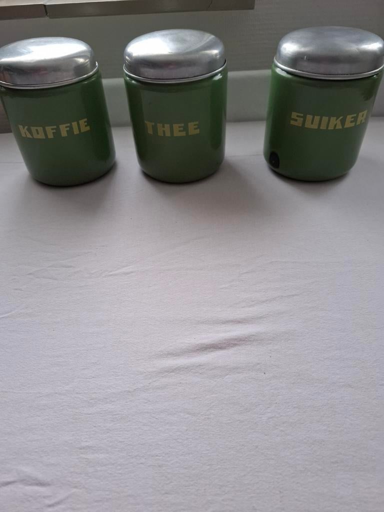 3 oude groene emaille voorraadbussen, Antiek en Kunst, Ophalen of Verzenden