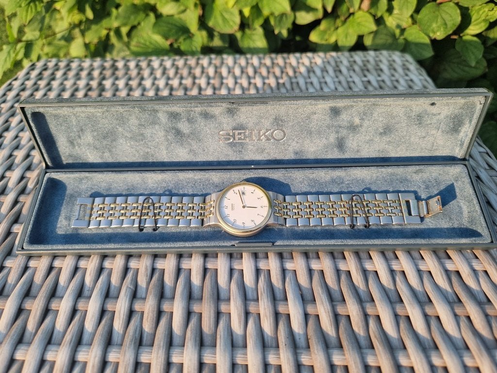 Seiko vintage quartz heren, originele doos, two tone. Uniek!, Seiko, Staal, Met bandje, Verzenden