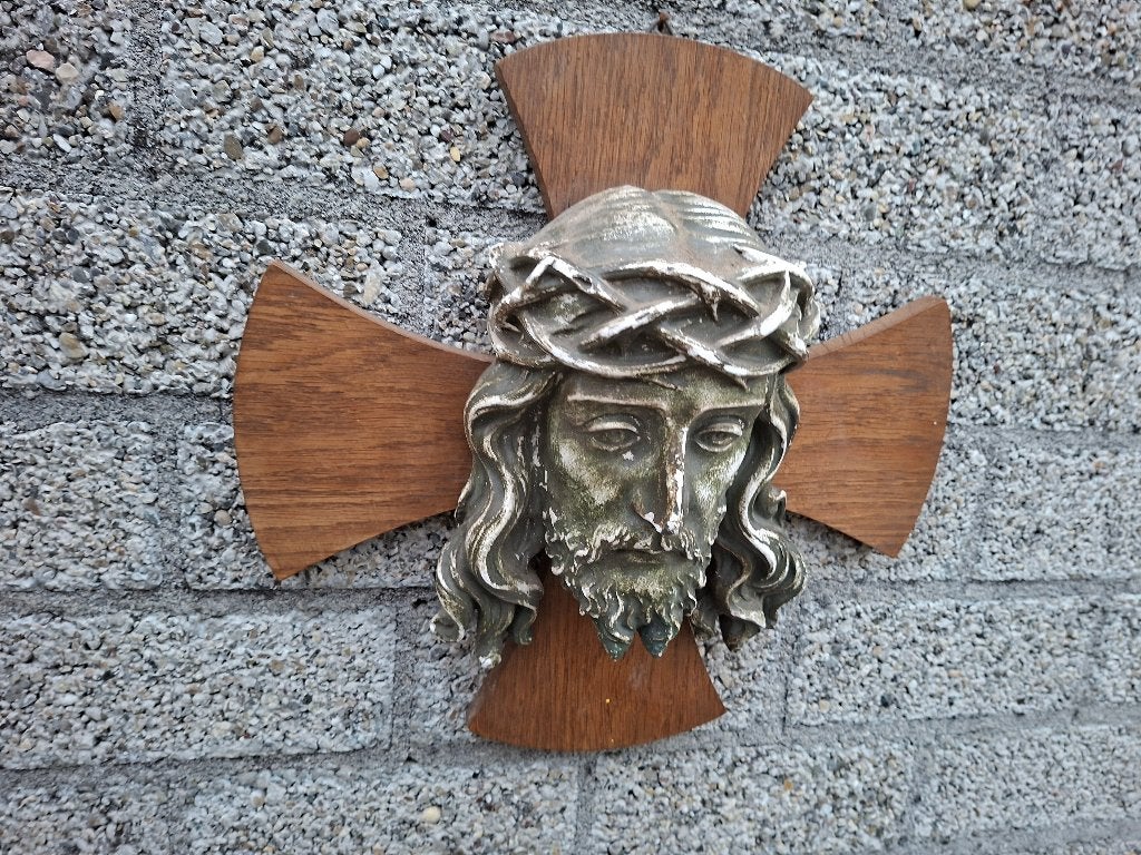 antiek houten kruisbeeld met het hooft van christus, Ophalen of Verzenden
