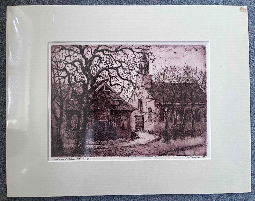 Jan Hollenberg - Ets Hervormde kerk van Ursem, Origineel, Stadsgezicht, Ophalen of Verzenden, 35 cm
