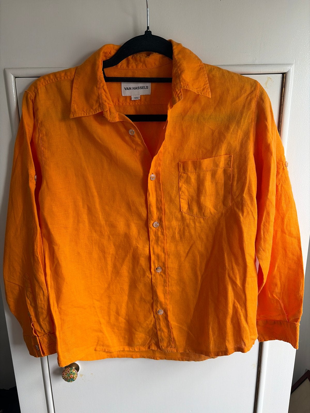 Oranje linnen overhemd Van Hassels maat 140, Ophalen of Verzenden, Zo goed als nieuw, Jongen of Meisje, Overhemd of Blouse
