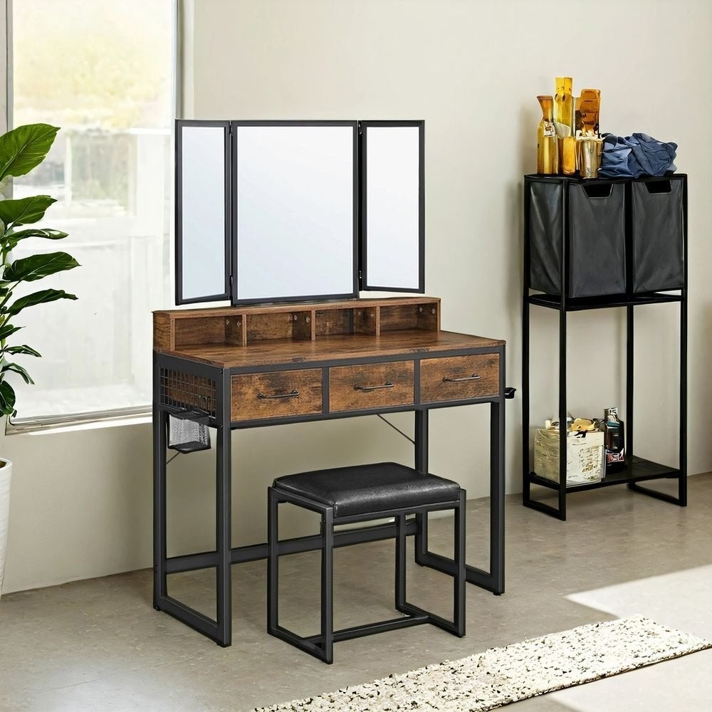 VASAGLE Kaptafel with Tri-fold Mirror & Stool, Huis en Inrichting, Tafels | Kaptafels, Ophalen, 100 tot 150 cm, Nieuw, Minder dan 100 cm