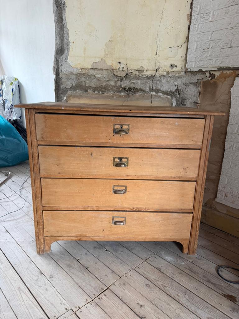 Vintage houten school ladenkast, Ophalen, 50 tot 100 cm, Zo goed als nieuw, 3 of 4 laden