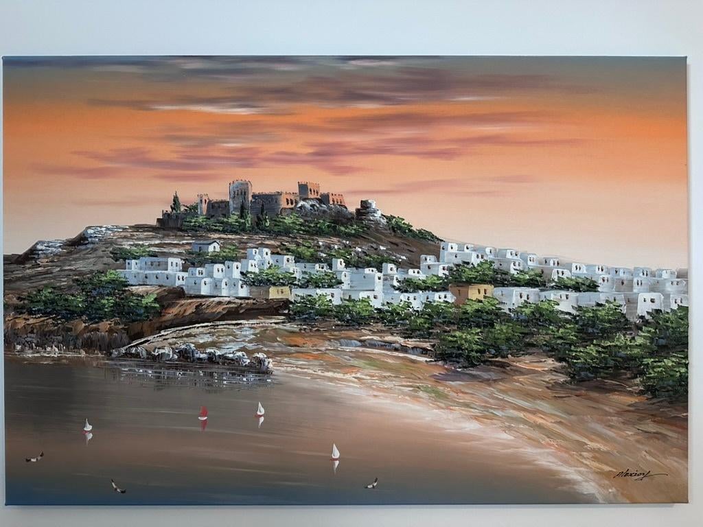 2 Handgeschilderde schilderijen uit Rhodos - groot canvas, Antiek en Kunst, Ophalen