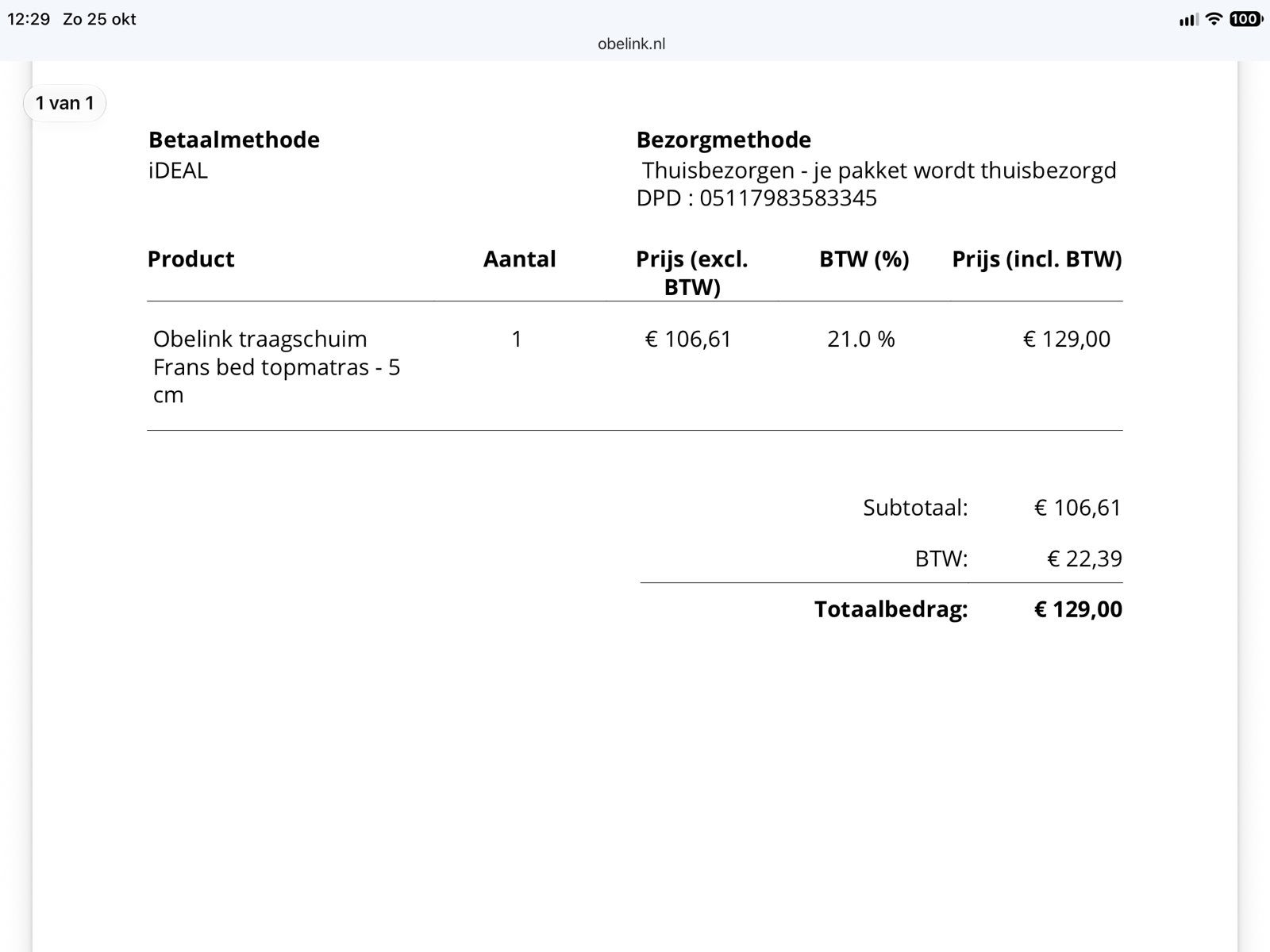 Obelink traagschuim Frans bed  topmatras, geheel compleet., Ophalen, Gebruikt