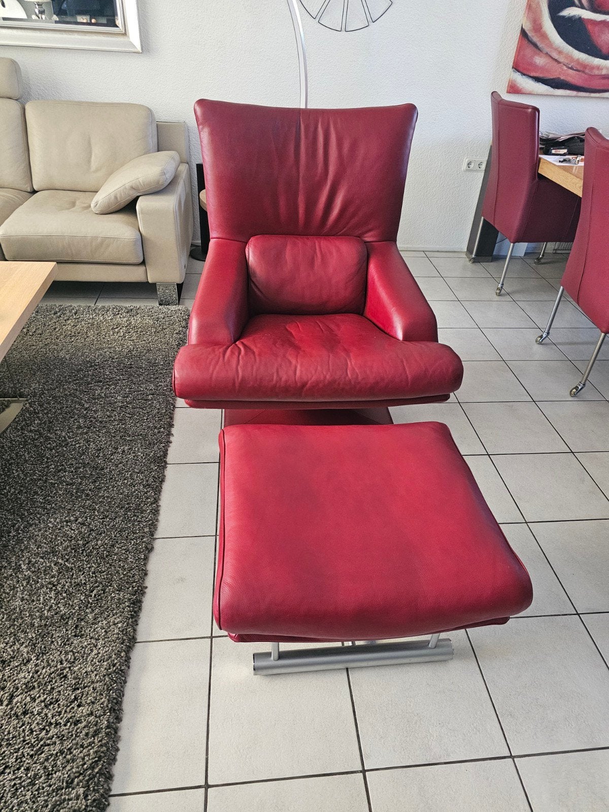 Rolf Benz 6500 Relax Fauteuil met Hocker - Rood Leer, Gebruikt, 75 tot 100 cm, Ophalen of Verzenden, 75 tot 100 cm