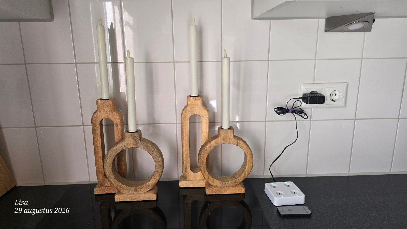 Houten kandelaars met oplaadbare LED kaarsen, Gebruikt, Bruin, Overige merken, Ophalen of Verzenden