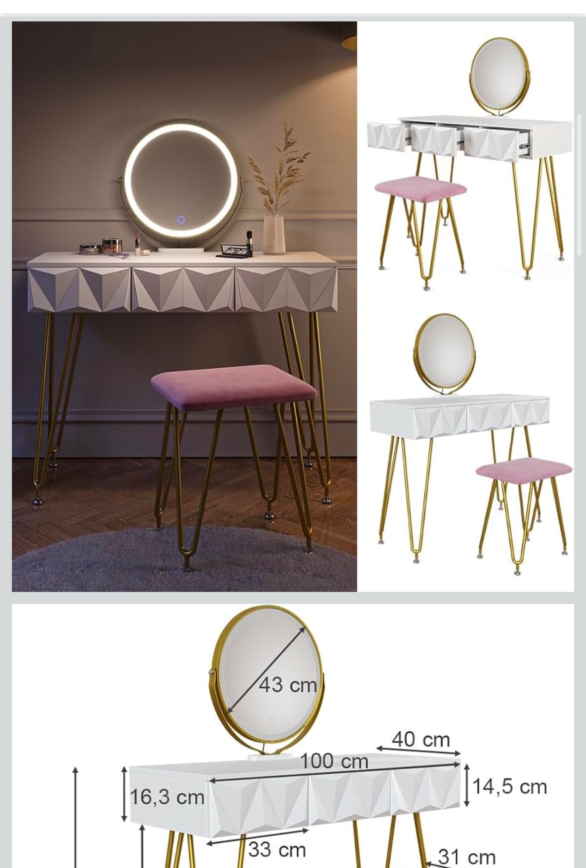 Vicco Ruby Kaptafel Wit met LED verlichting en kruk, Ophalen, Nieuw, Hout