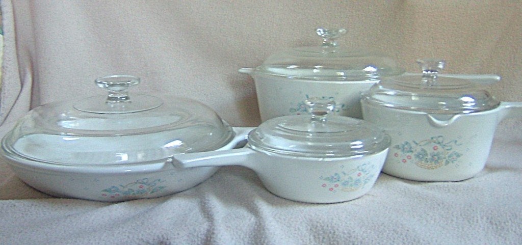 Vintage CorningWare 'Blue Cornflower' pannen set puntgaaf, Ophalen of Verzenden