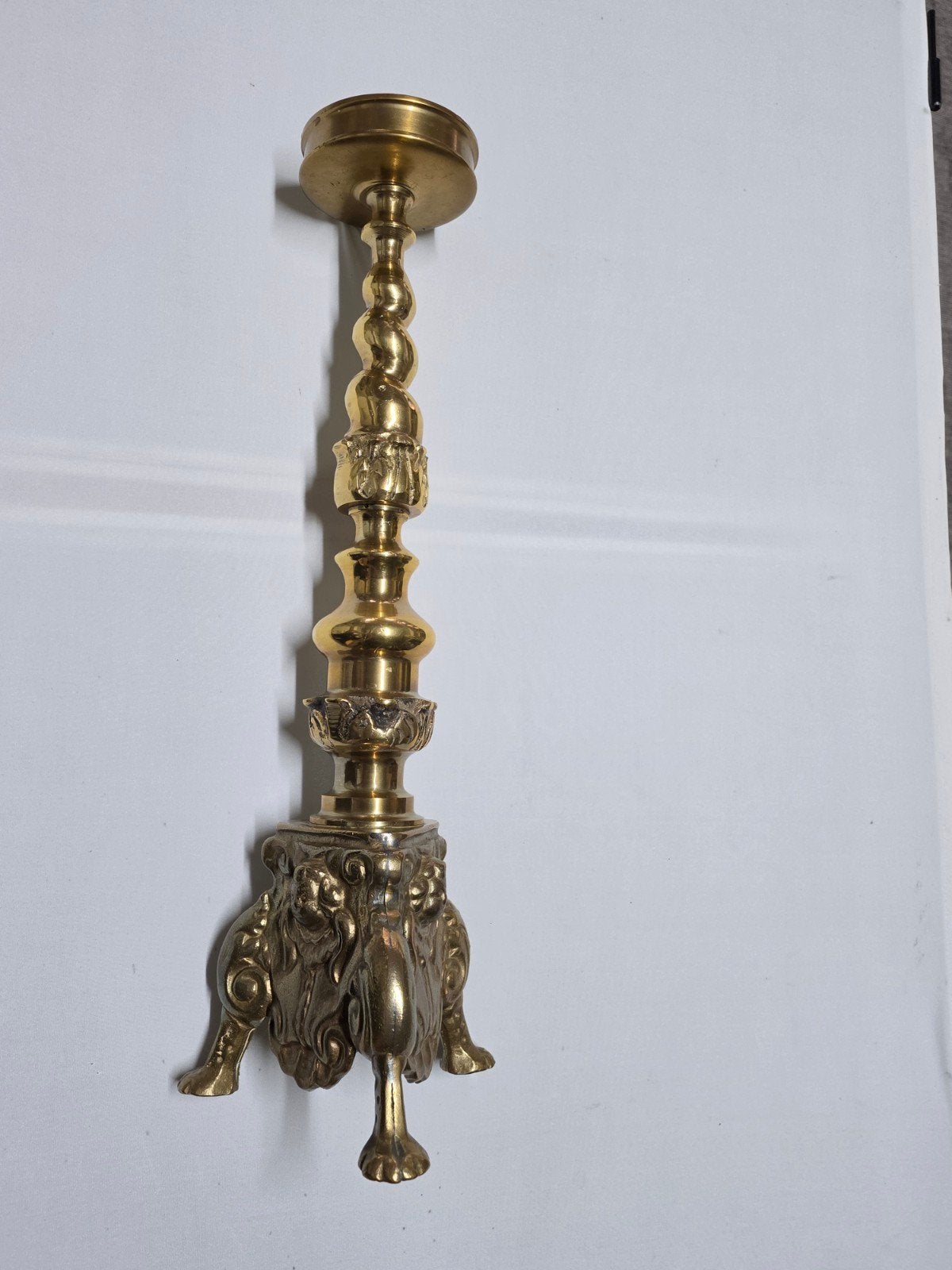 Antieke Koperen Kandelaar met Leeuwenpoten - 51 cm, Ophalen of Verzenden
