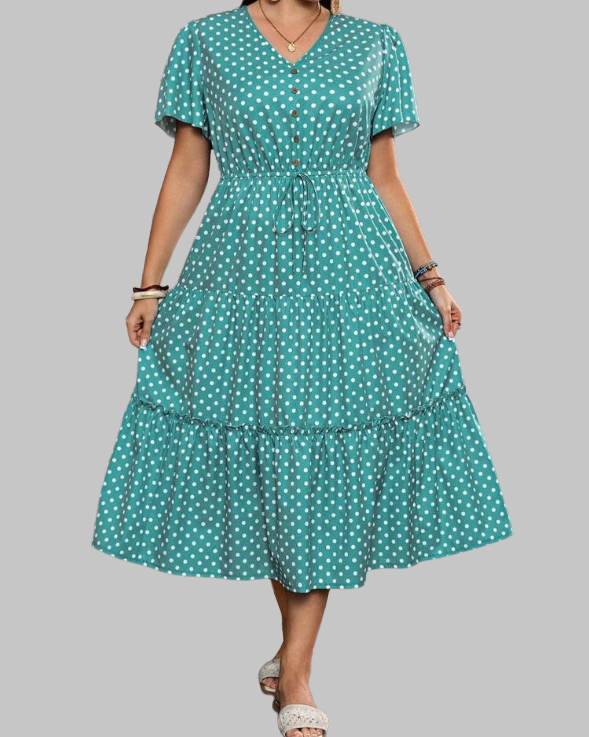 Groene Polkadot Jurk met Korte Mouwen (44-52), Kleding | Dames, Verzenden, Nieuw, Groen, Jurk