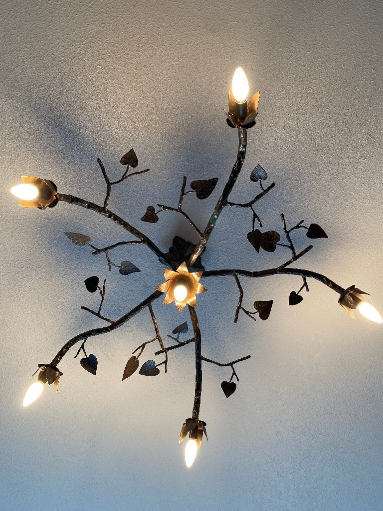 Lamp - taken met bladeren - smeedijzer -jaren 50/60, Ophalen, Gebruikt, Zwart, E14 (klein)