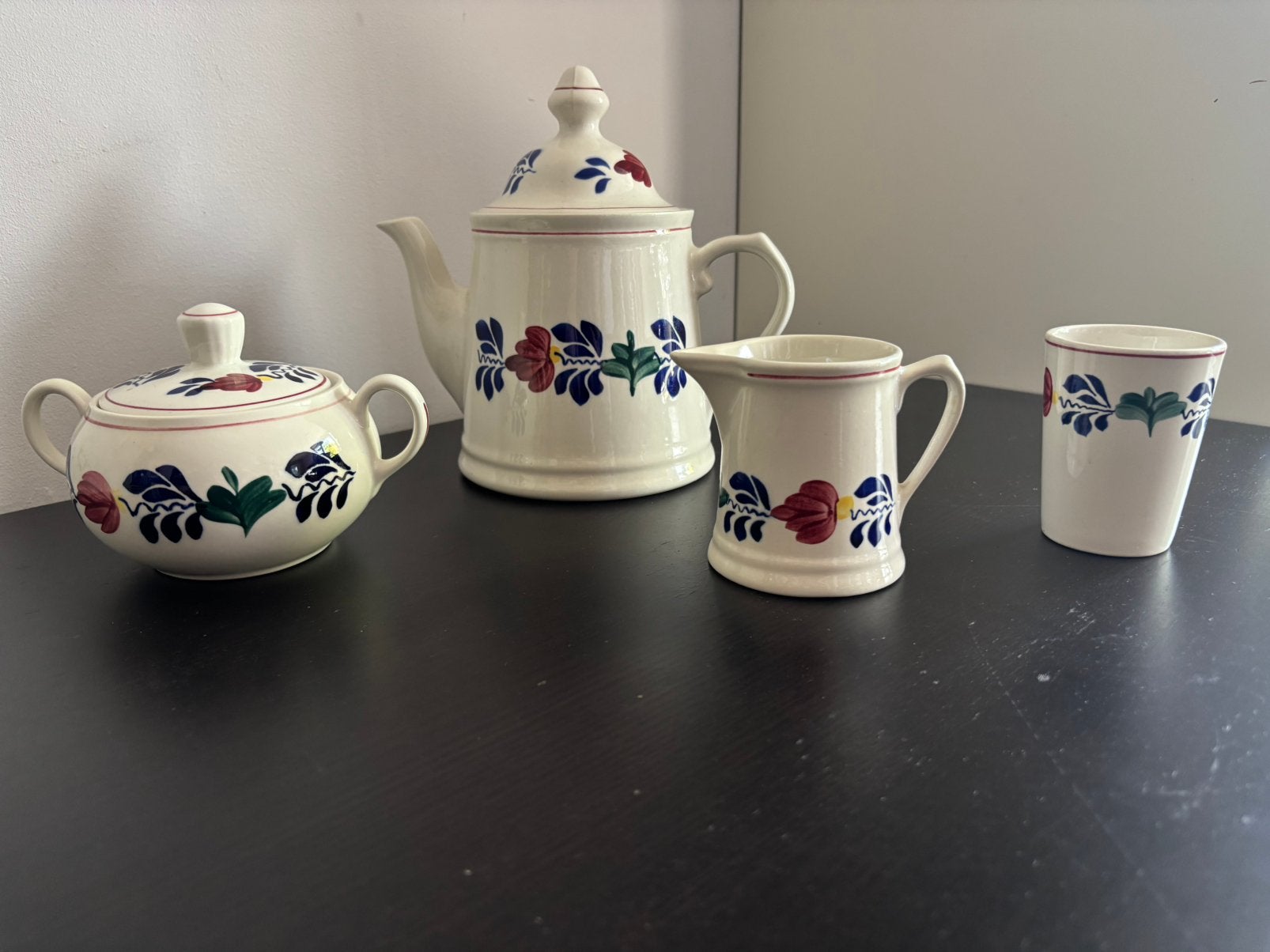 Boerenbont koffiekan suikerpot melkkannetje - Vintage set, Huis en Inrichting, Kan, Gebruikt, Keramiek, Landelijk/Boerenbont