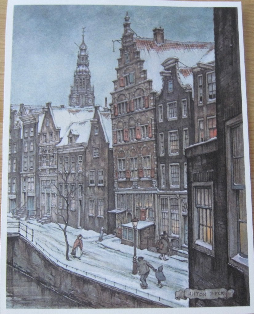Anton Pieck prentje - besneeuwd Amsterdams grachtenzicht, Verzamelen, 1980 tot heden, Ophalen of Verzenden, Zo goed als nieuw