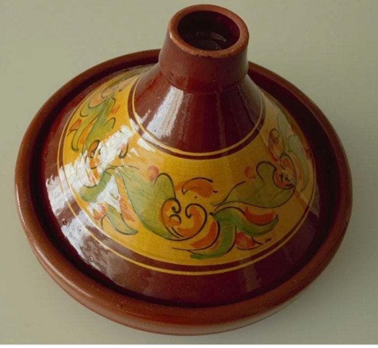 Handgemaakte Marokkaanse Tajine - Bruin met Geel-Groen, Ophalen of Verzenden, Gebruikt, Steen/keramiek, Tajine