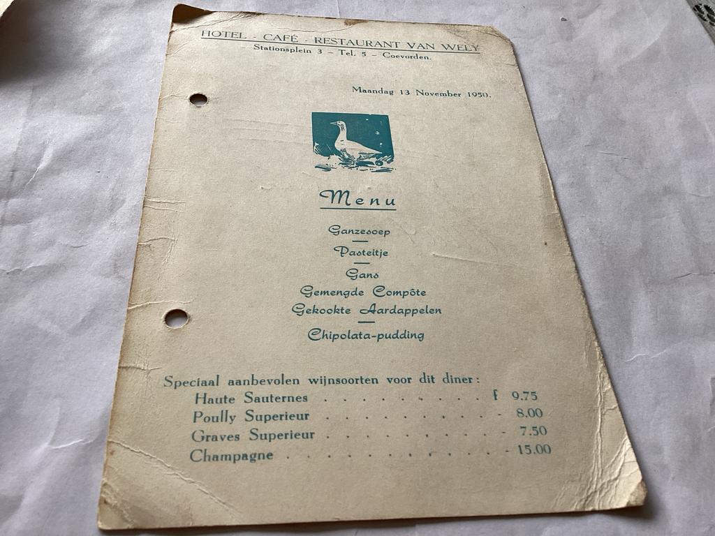 Oude menukaart Hotel-Restaurant Van Wely 1950 Coevorden, Ophalen of Verzenden, Gebruikt