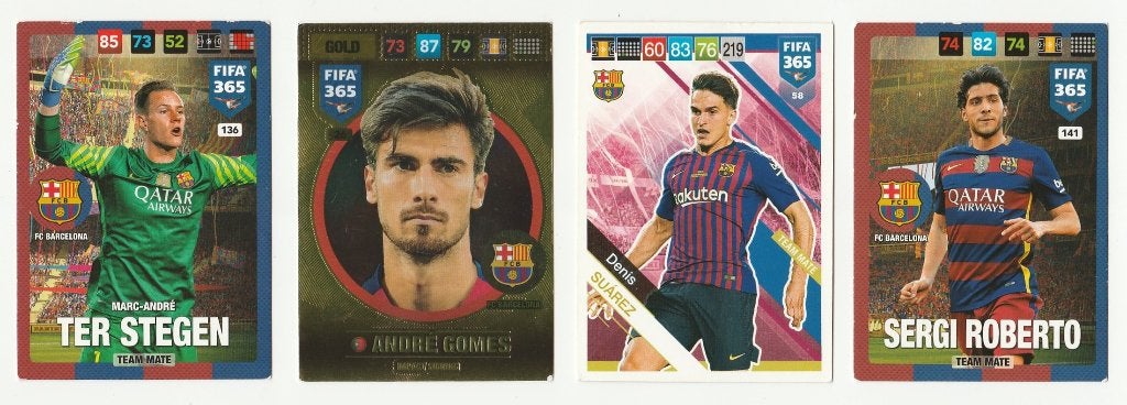 4 Panini FIFA 365 kaarten - FC Barcelona, Verzenden, Gebruikt, Buitenlandse clubs, Poster, Plaatje of Sticker