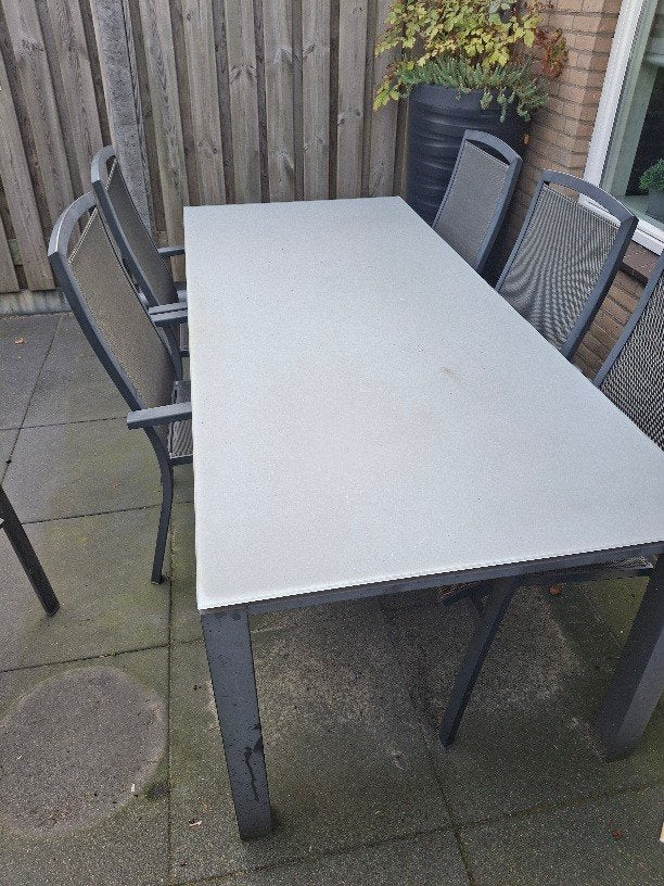 tuinset. tafel en 6 stoelen, Ophalen, Gebruikt, Rechthoekig, Aluminium