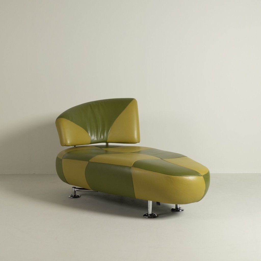 Leolux Kikko Chaise Longue Groen/Geel Leer, Huis en Inrichting, Leolux, Zo goed als nieuw, Niet ingevuld, Niet ingevuld