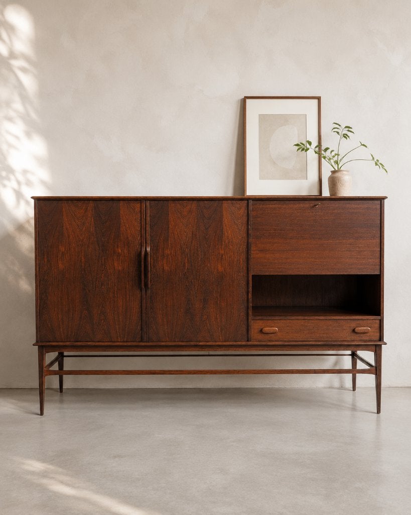 Deense vintage highboard van Rio-palissander met bar, Ophalen, 25 tot 50 cm, 50 tot 100 cm