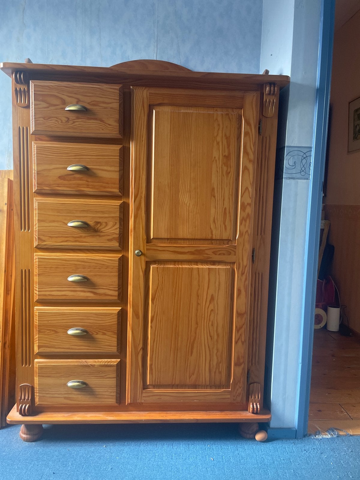 Grenen kast met lades en deur, Ophalen, Gebruikt, 100 tot 150 cm, Met lade(s)