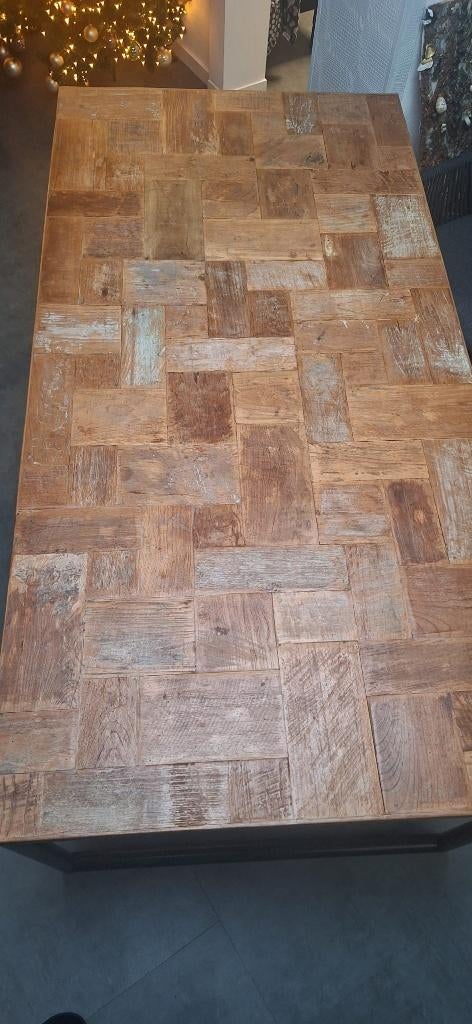 Moderne eethoektafel houten blad en zwart metalen onderstel, Ophalen, 50 tot 100 cm, 150 tot 200 cm, Modern, authentiek, warm, stoer,