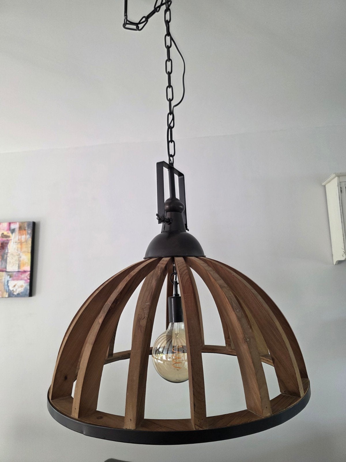 Twee landelijke houten hanglampen - Zware kwaliteit, Ophalen, Landelijke, Robuuste, Industriële, Gebruikt, E27 (groot)