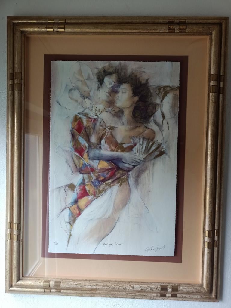 Ingelijste aquarel "Harlequin Dance" gesigneerd, Antiek en Kunst, Ophalen of Verzenden