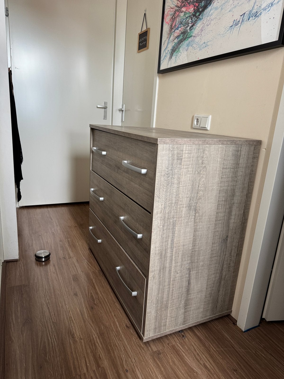 Commode grijs/eiken in goede staat, Ophalen, 50 tot 70 cm, 100 cm of meer, Zo goed als nieuw