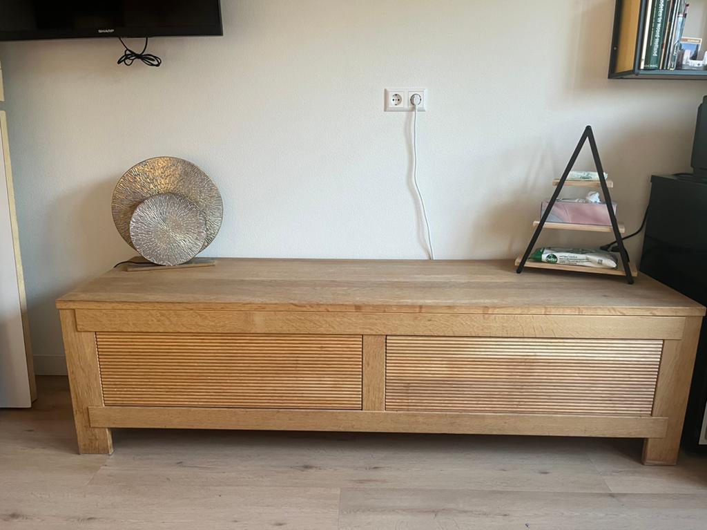 TV meubel massief eiken, Ophalen, Gebruikt, 150 tot 200 cm, Eikenhout