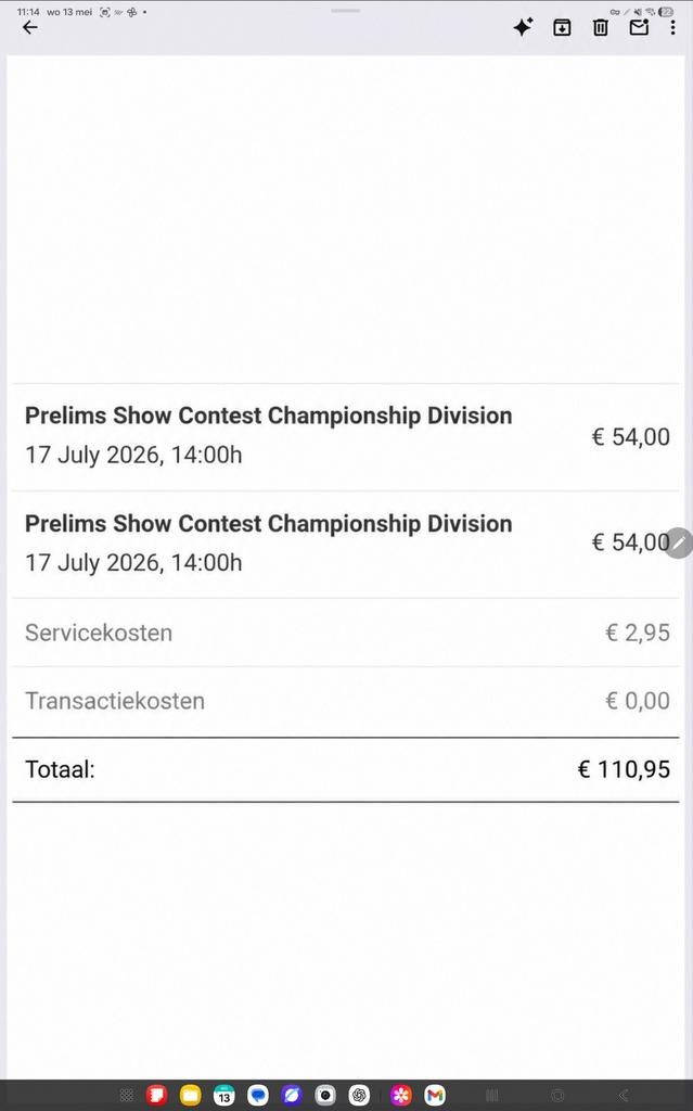 Te koop 2 tickets  WMC marswedstrijden 17-07-26 om 14:00 uur, Twee personen