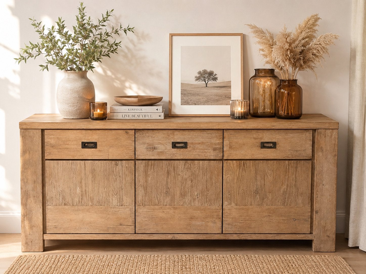 Robuust houten dressoir met lades en deuren - Landelijke sti, Ophalen, 150 tot 200 cm, Zo goed als nieuw, Met lade(s)