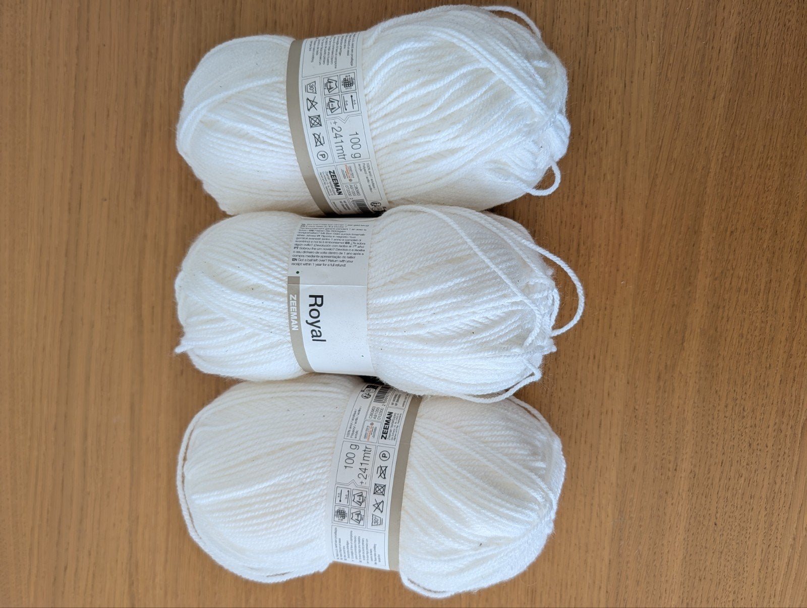 3 bollen Zeeman Royal wol, wit, 100g, 241m, Hobby en Vrije tijd, Breien en Haken, Ophalen of Verzenden, Nieuw, Breien of Haken