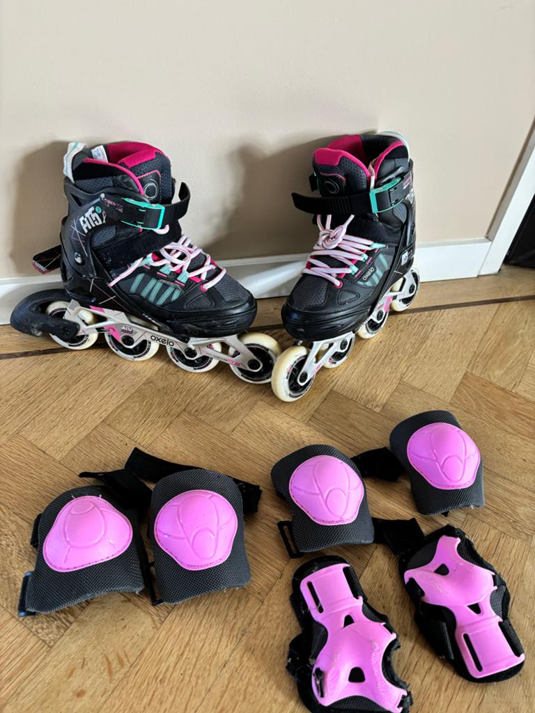 Oxelo Fit 5 Inline Skates Maat 35-38 met Beschermers, Ophalen, Gebruikt