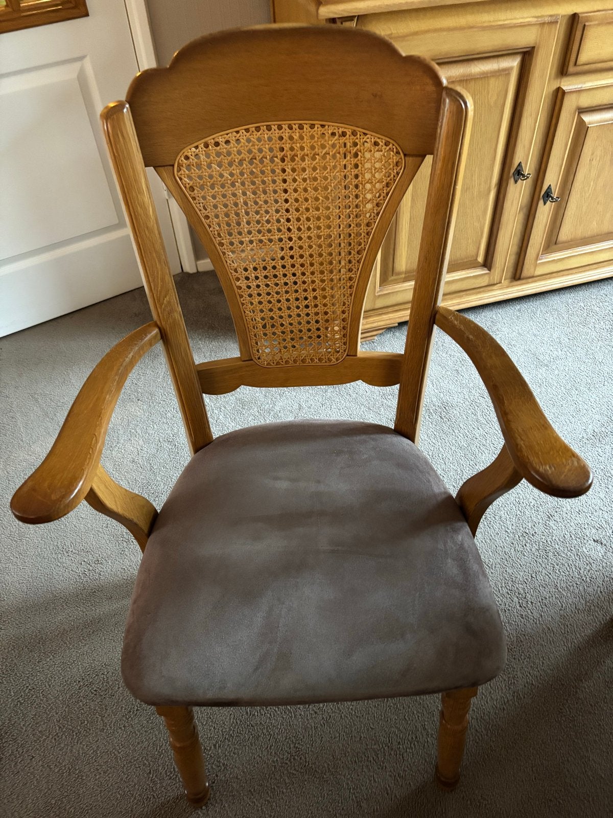 Zes massief eiken eetkamerstoelen met taupe bekleding, Ophalen
