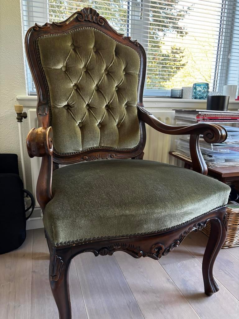 Antieke Louis XV-stoel in groen velours, Ophalen