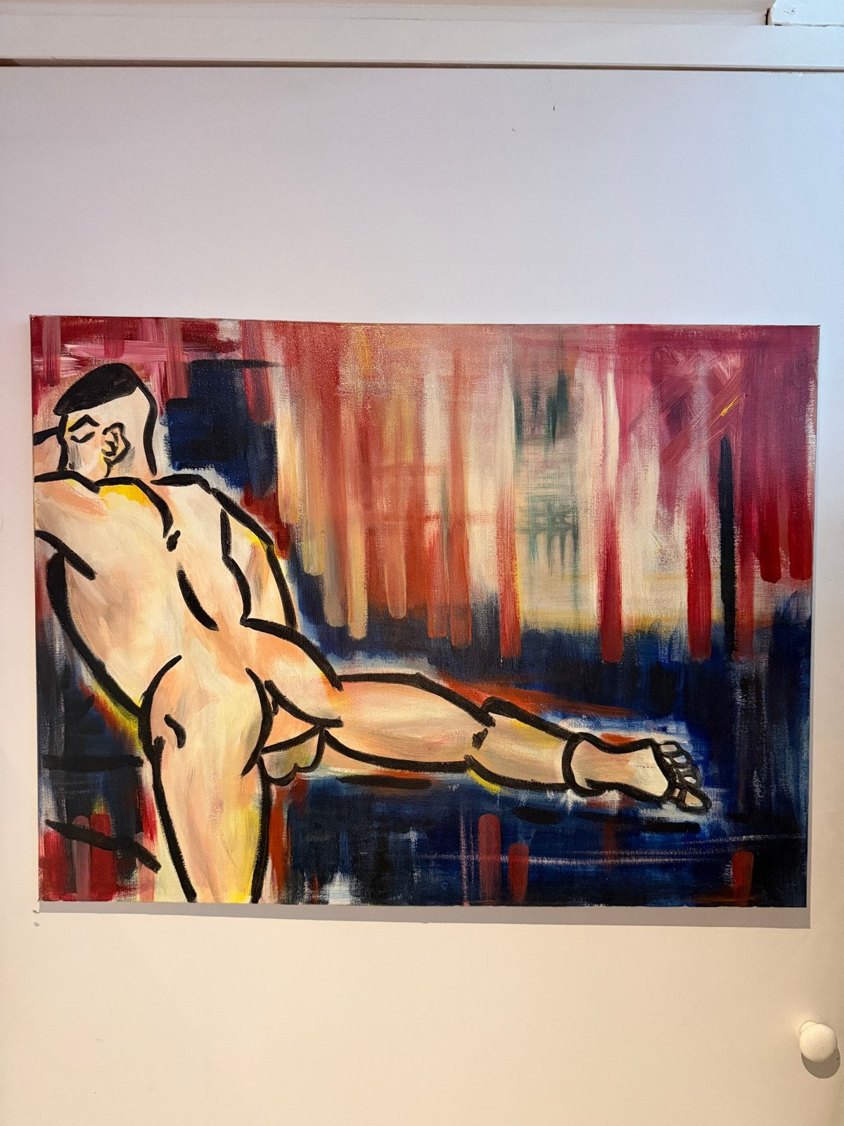 schilderij van een figuur in abstracte setting, Ophalen, Handgeschilderd, Textiel, Figuren