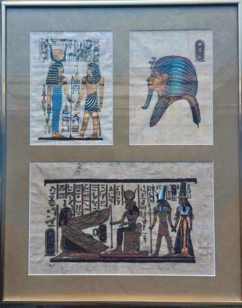 3 ingelijste Egyptische papyrus schilderijen., Ophalen of Verzenden