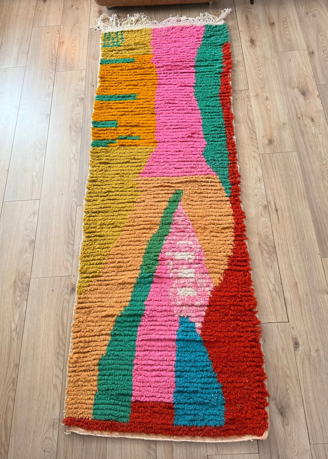 Vintage Handgeknoopte Marokkaanse loper – 256 x 81 cm, Info@bababoho.com, Bohemian • Eclectisch • Kleurrijk • Modern • Artistiek