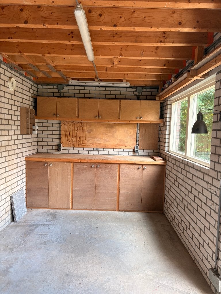 Werkbank met 6 kastjes, bovenkasten en gereedschapsbord, Ophalen, Gebruikt, 170 cm of meer