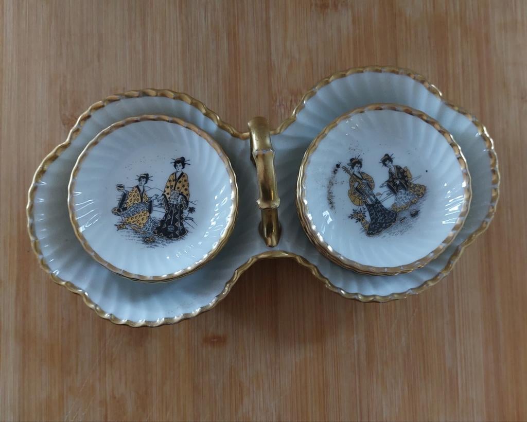 Vintage porseleinen schaaltjes set met Oosterse decoratie, Ophalen of Verzenden