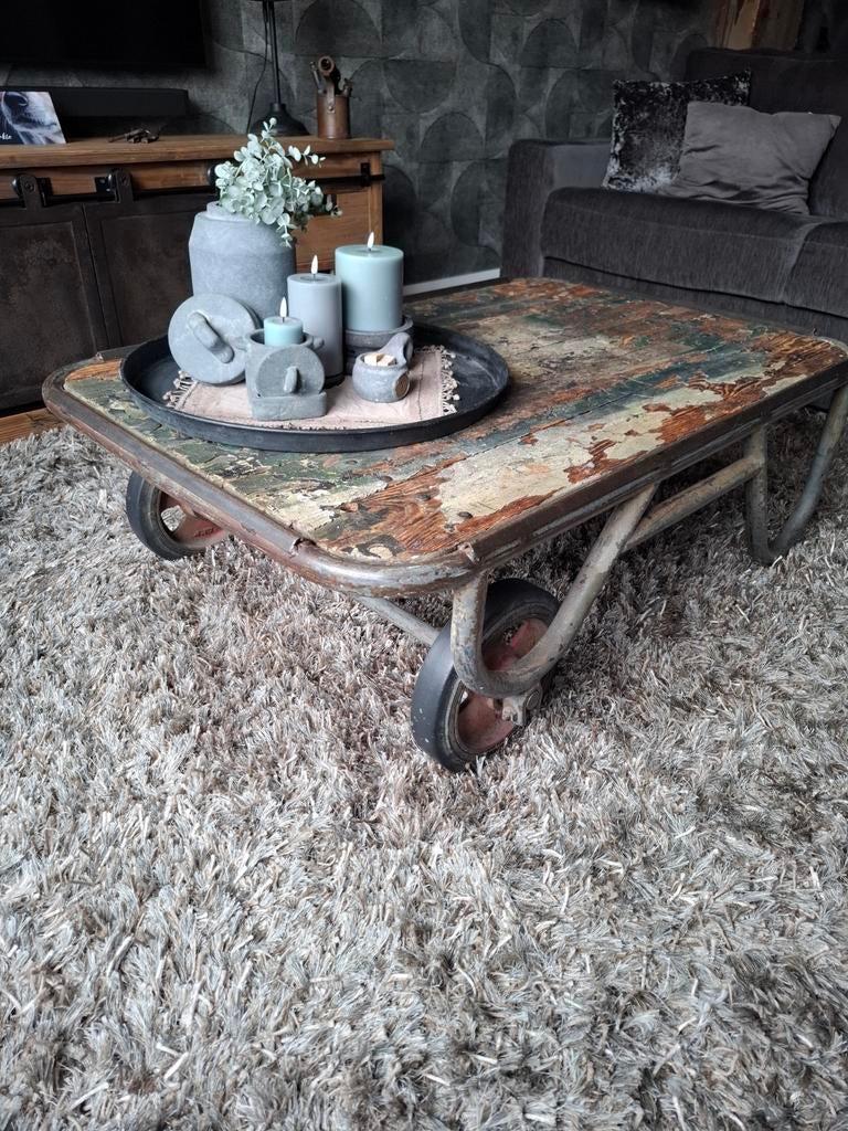 Rustieke salontafel / transportkar op wielen, Gebruikt, 100 tot 150 cm, 50 tot 100 cm, Rechthoekig