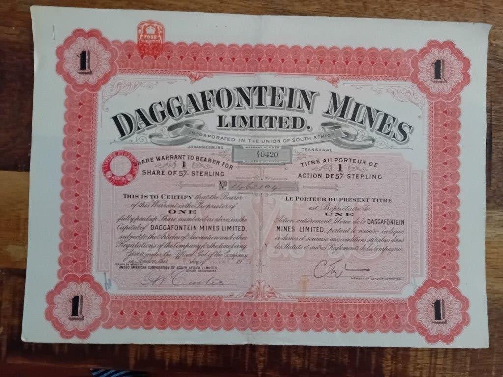 Aandeel Daggafontein Mines - 1936, Verzenden, 1920 tot 1950, Aandeel