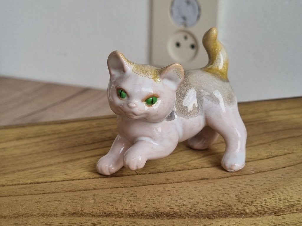 Mooi Antiek Vintage Kat Poes beeld Groene ogen Porselein, Verzenden, Gebruikt, Hond of Kat, Beeldje of Figuurtje