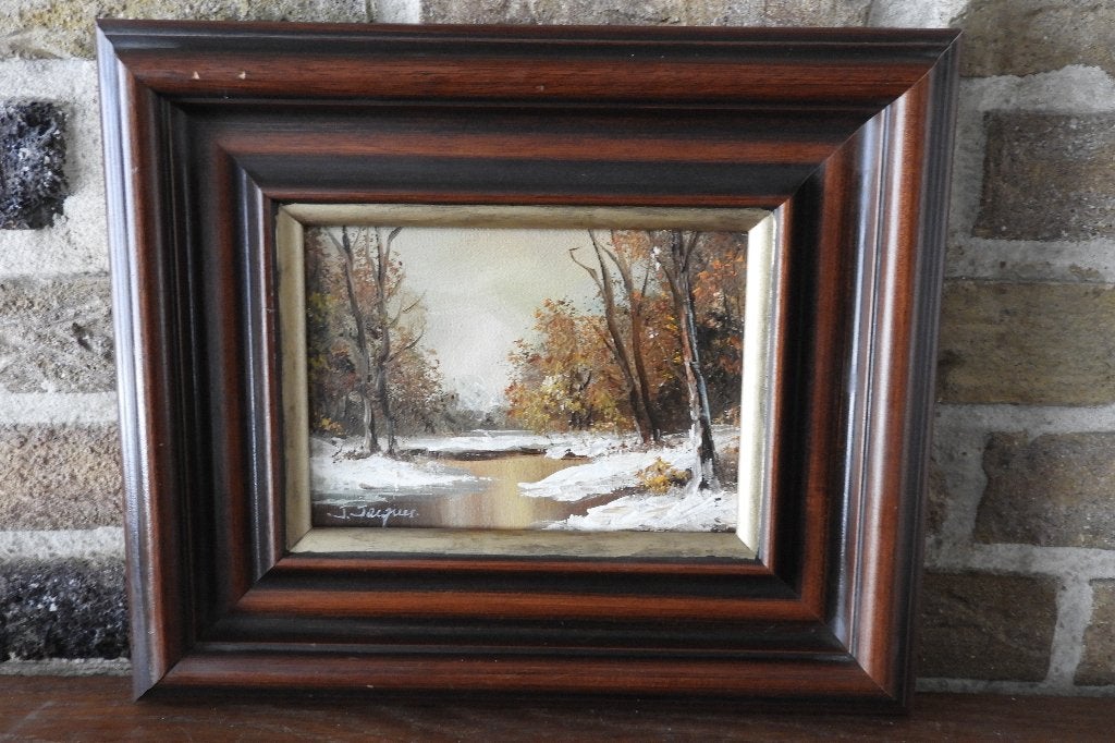 Vintage olieverfschilderij winterlandschap – J.Jacques 32x28, Ophalen of Verzenden, Gesigneerd, Olieverf, Landschap